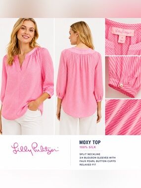 Lilly Pulitzer 100% silk, Pink Striped Moxy Blouse- size Small
